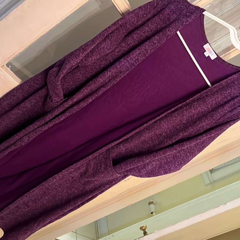 LuLaRoe Sarah Style purple Patterned Pocket Long Cardigan Size large